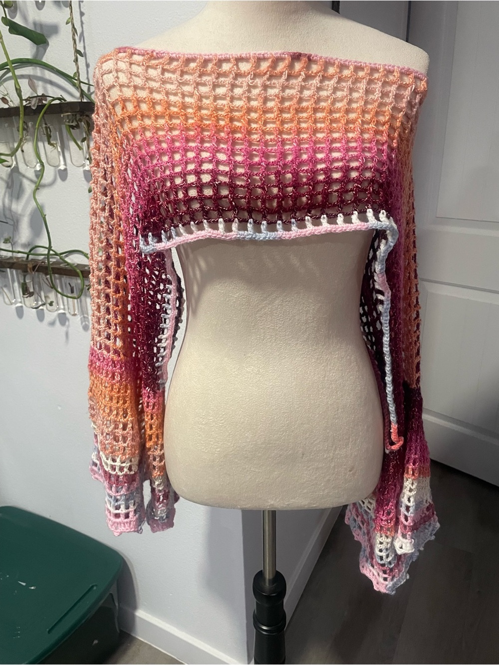 Off-Shoulder Crochet Open-Knit Sweater Shrug in Pink & Orange
